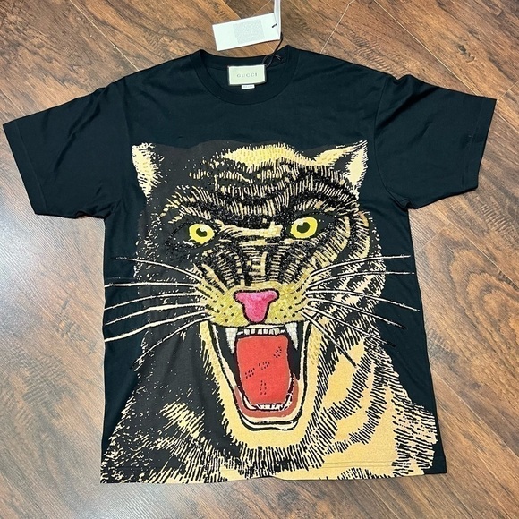 GUCCI FELINE graphic tee beautiful details of beads & Sequins in XXS fits large - Picture 14 of 15